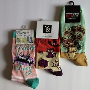 Women Lot of 3 Crew Socks NWT Cat Halloween Flower